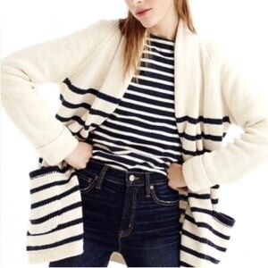 J.Crew Women's Cream Navy Blue Striped Open Front Cardigan Long Lined Size SMALL
